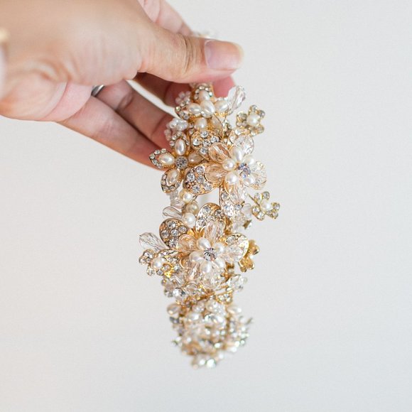 Wedding Headband Crystal Pearl Antique Gold Bride - Picture 6 of 11